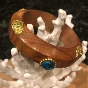Vintage Banana Republic wood bangle with gold medallions and glass cabochons.